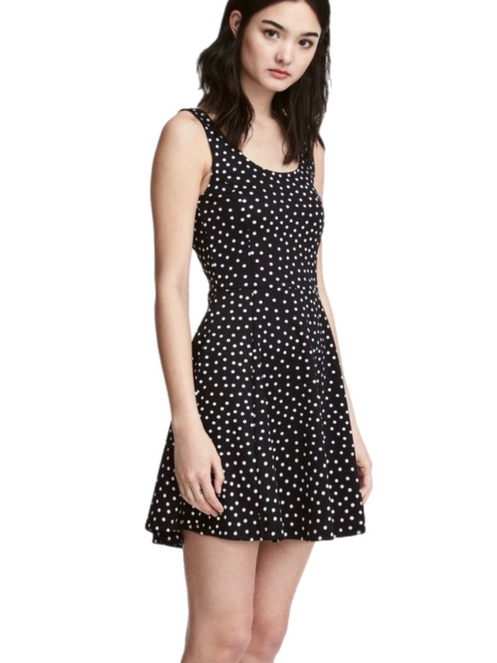 10 Divided H&M Black & White Polka Dot Sleeveless Skater Dress Casual